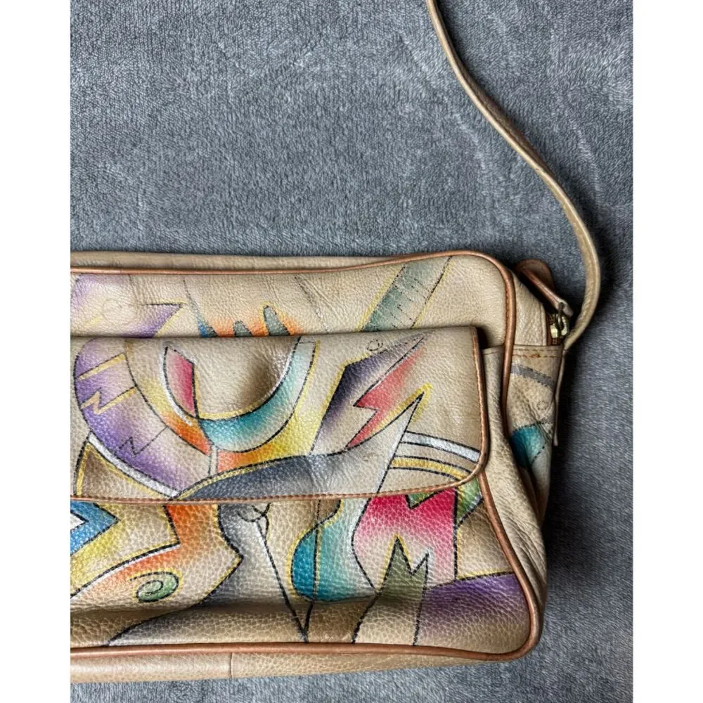 Magnifique Abstract Hand Painted Leather Crossbody Bag Beige Vintage Purse